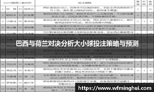 巴西与荷兰对决分析大小球投注策略与预测